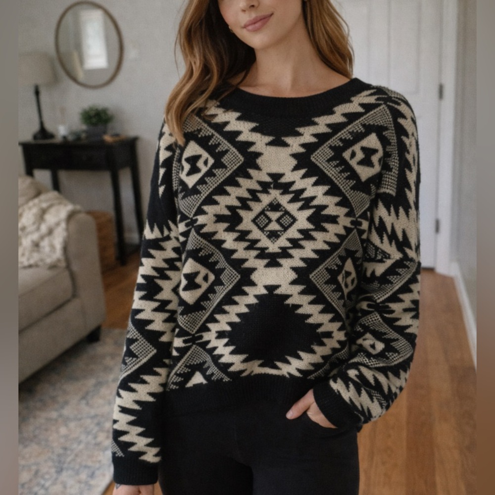 Vintage style off shoulder aztec black and cream boho sweater top Costa  Blanca